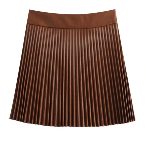 Zara Faux Leather Women's Gold and Brown Pleated Mini Skirt women's Small - Picture 2 of 6